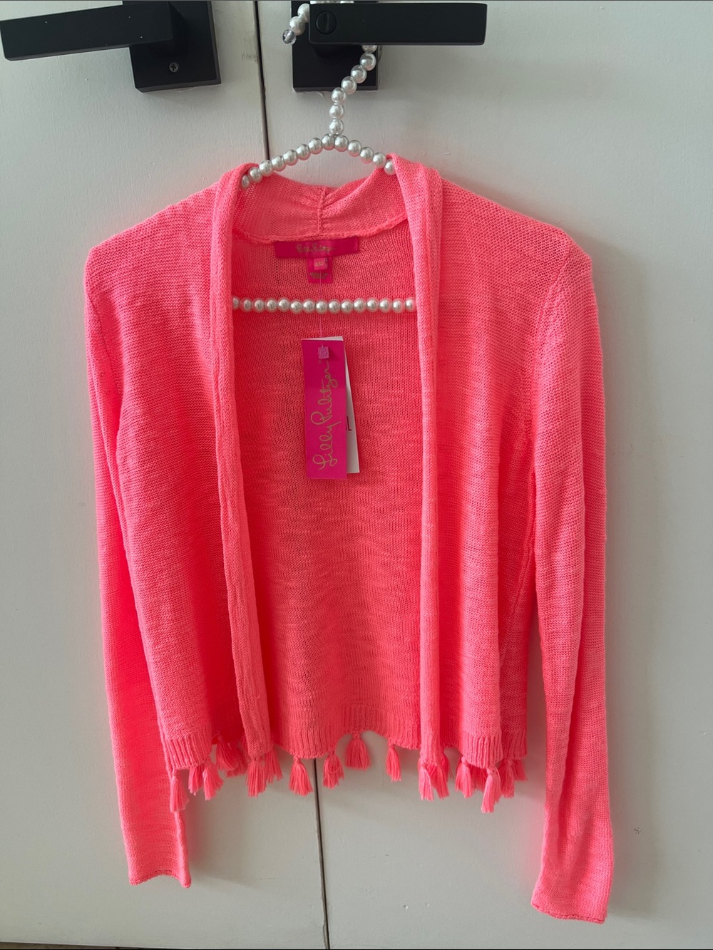 Lilly Pulitzer Neon Coral Pink Tassel-Hem Open Cardigan nwt